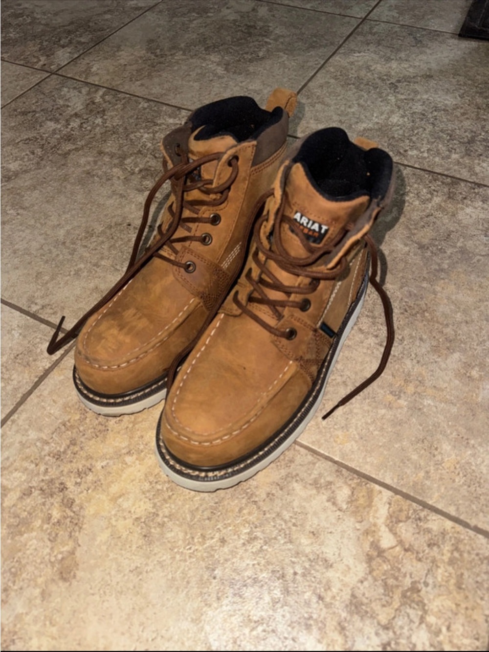 Ariat Brown Tan Moc Toe Leather Lace-Up Work Boots